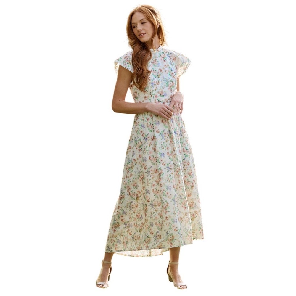 Lulus Floral Open Back Ruffle Cap Sleeve Midi Dress Cream XL